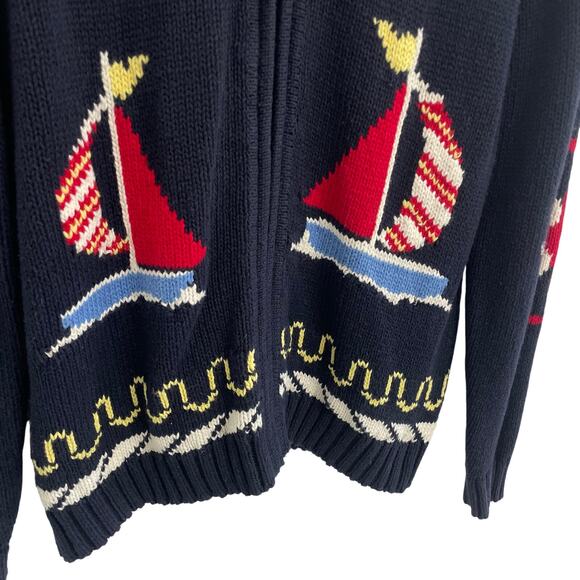 Vintage Crazy Horse Liz Claiborne Nautical Sailing Theme Cardigan Navy Petite XL - Picture 2 of 6